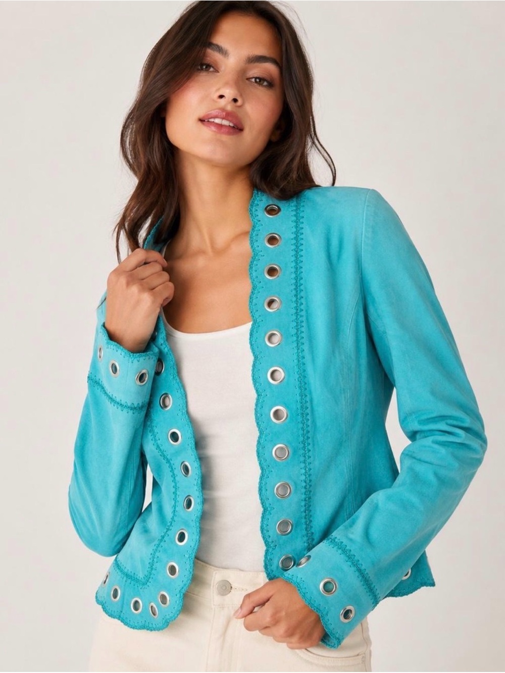 Cache Turquoise 100% Leather Grommet Embroidered Jacket Top – Size Small